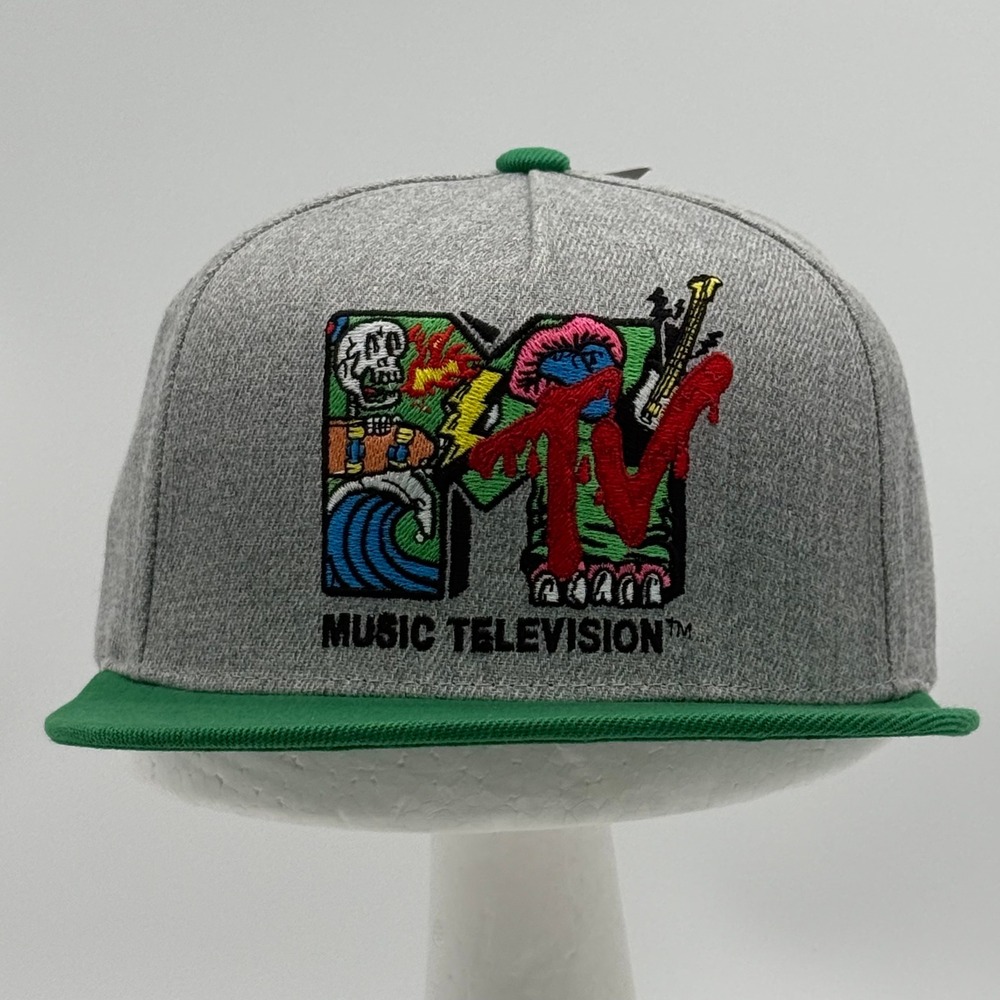 MTV Music Television Embroidered Snapback Hat Gray Green Flat Bill New with Tags